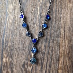 Monet Y Necklace Gunmetal With Shades Of Blue Rhinestones 16"+2" ext